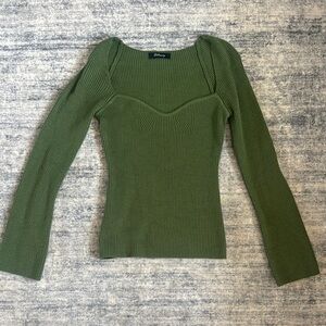 Green Fitted Ribbed Long Sleeve Blouse